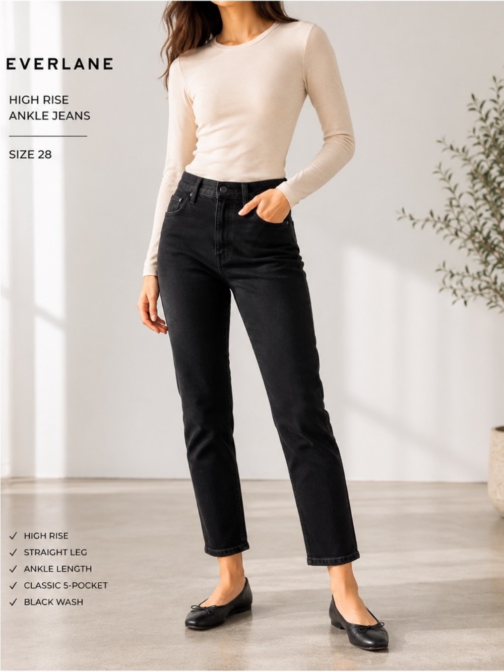 Everlane Cheeky Straight Jean Black High Rise Ankle Jeans Size 28
